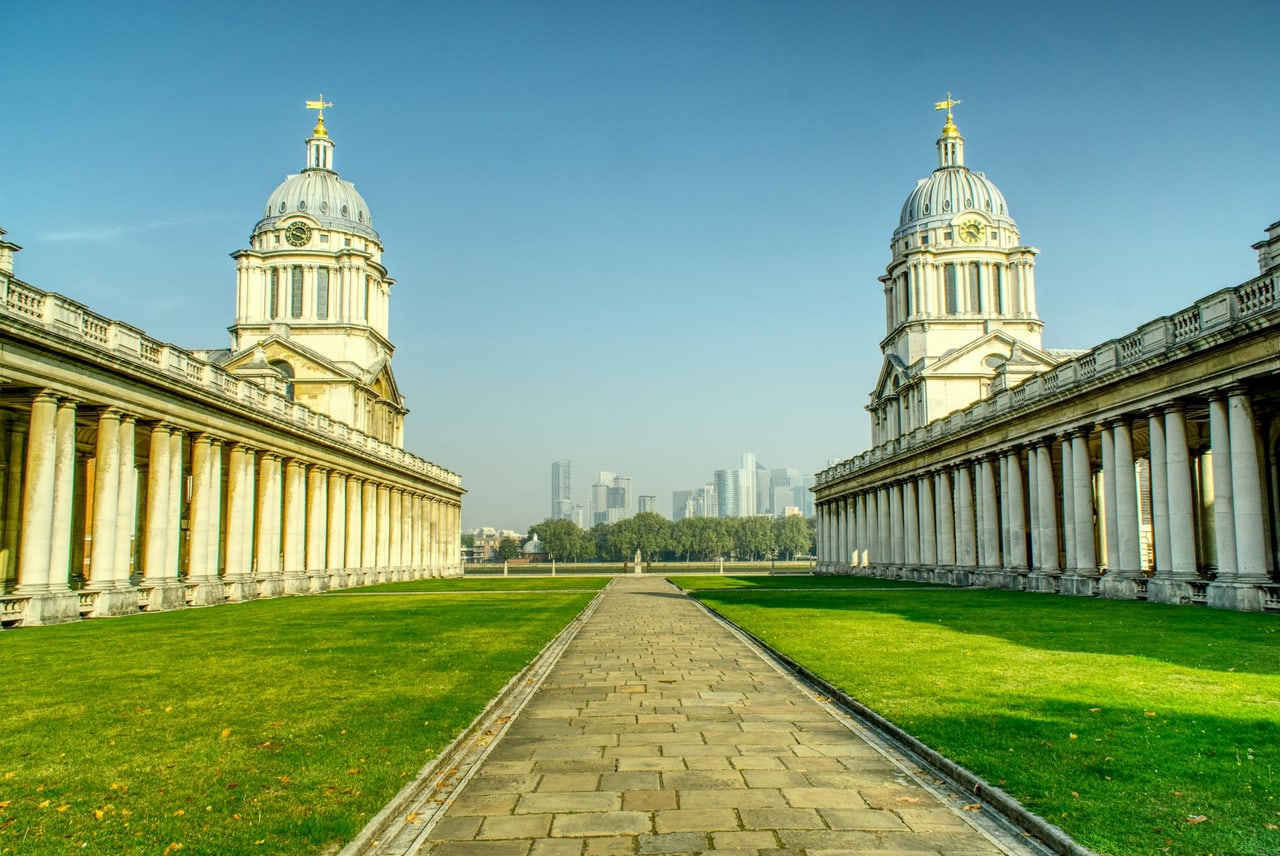 The twin domes and colonnades of the Old Royal Naval College in Greenwich