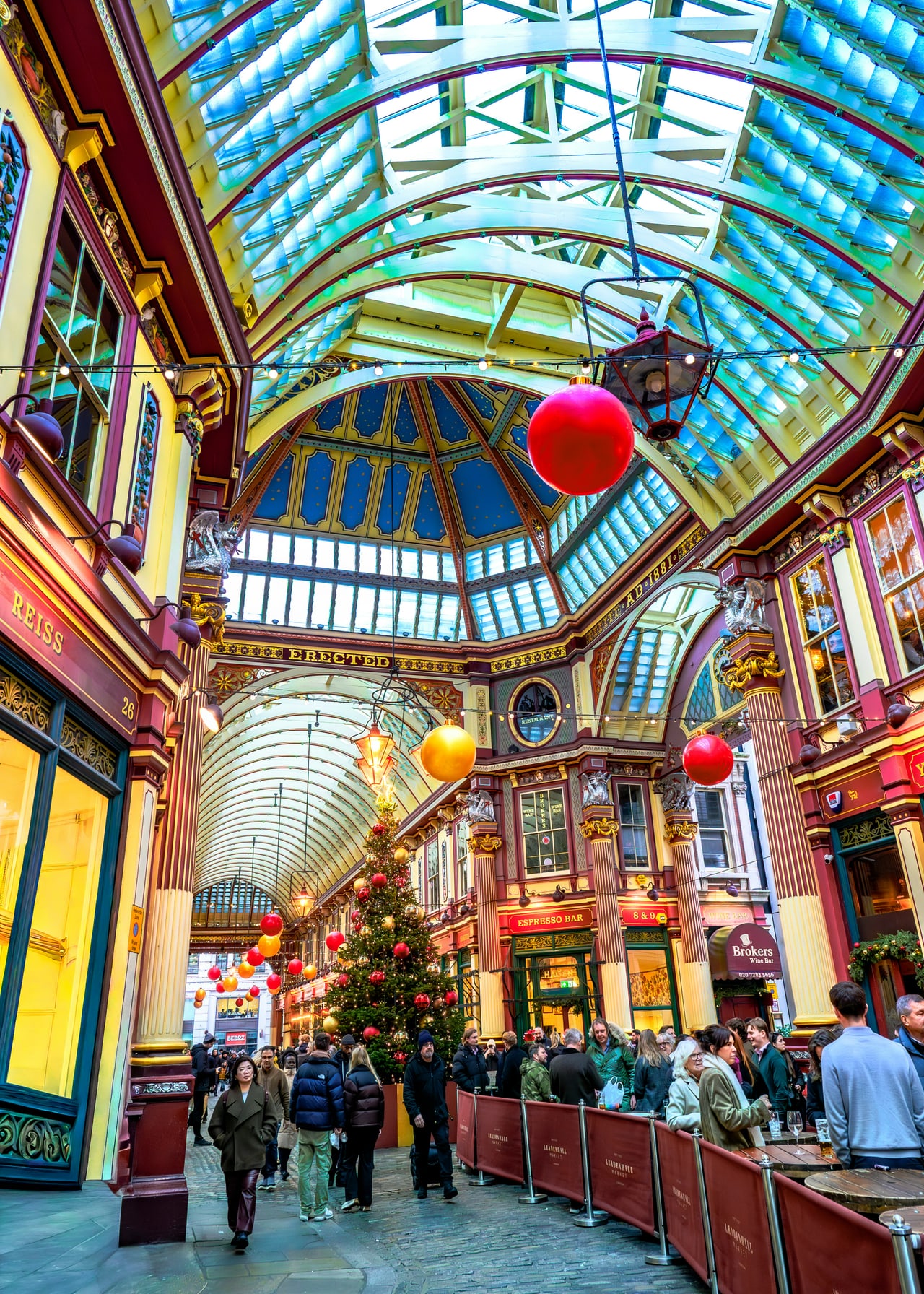 Leadenhall Market decorated for Christmas, busy with people