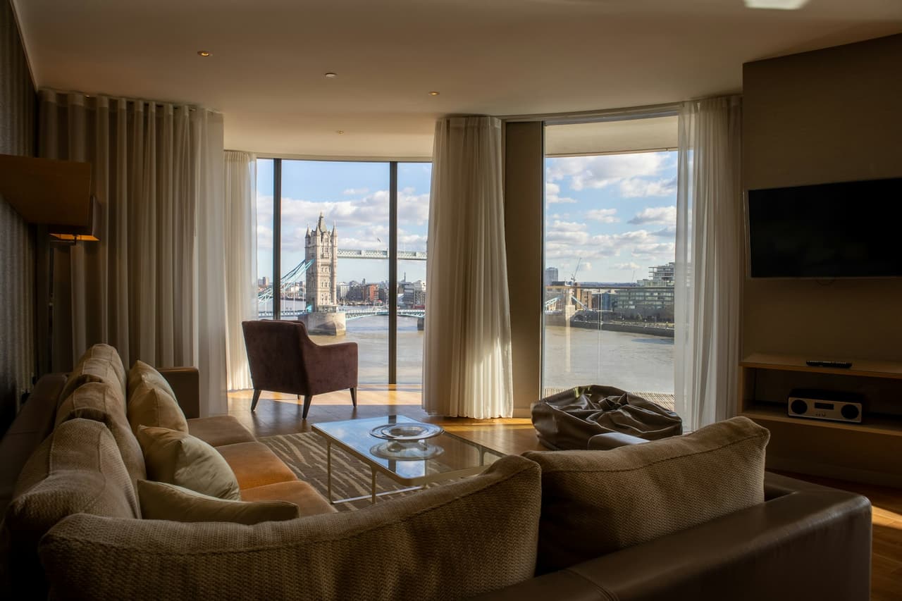 Living room of a London apartment with a large window