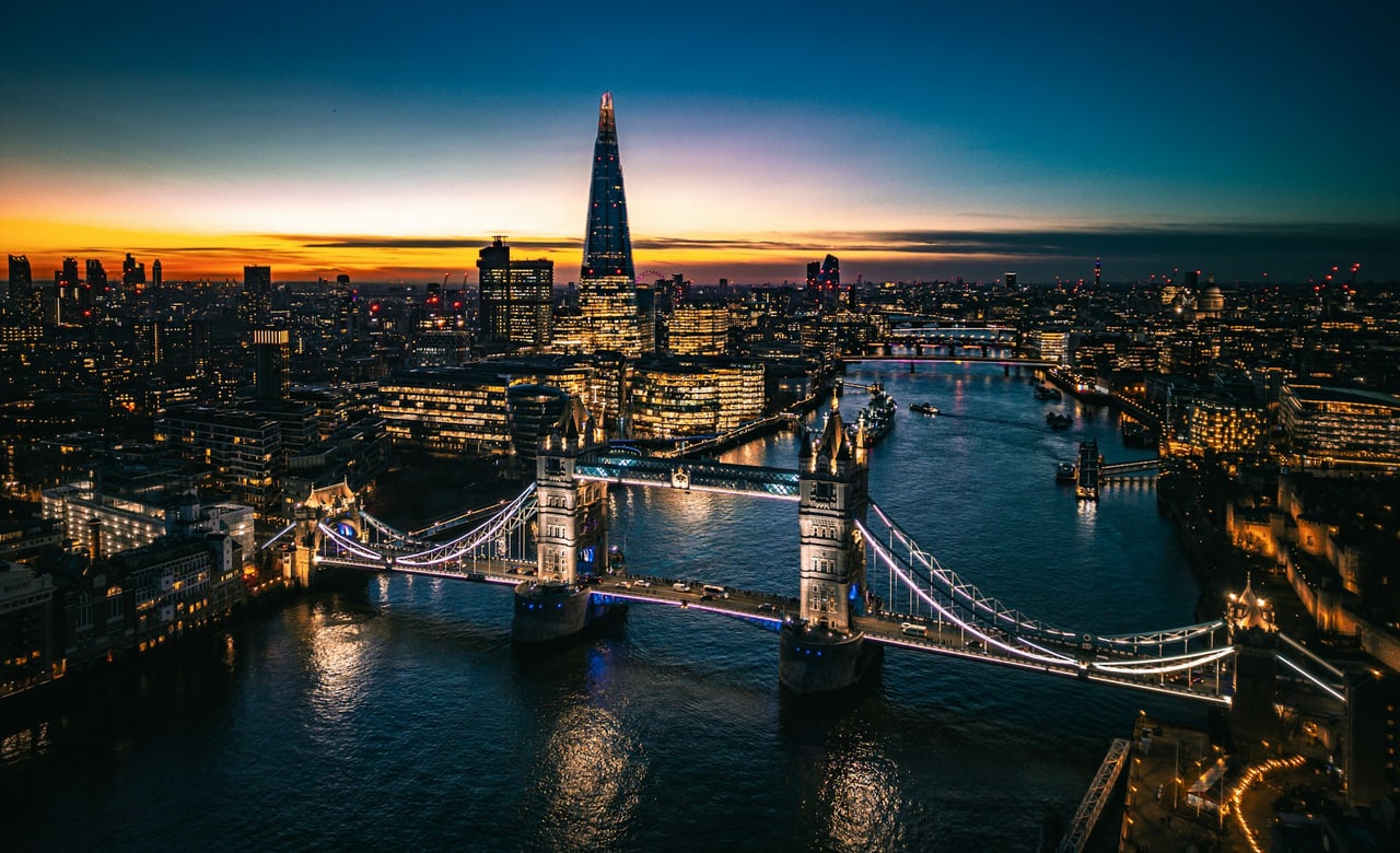 Aerial view of the City of London skyline at night